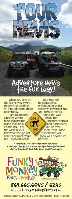 an advertisement for the tour bus shows off jeeps and four - wheelers, with mountains in the background