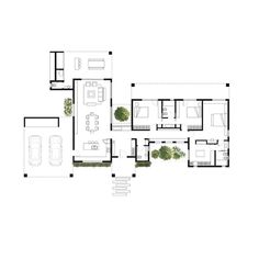 the floor plan for this modern house shows all the living areas and dining room, as well as an open kitchen area