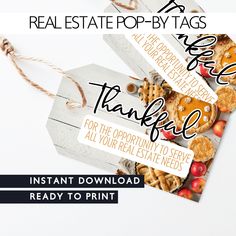 two tags with the words, real estate pop - up tags for thanksgiving and an image of pies