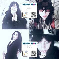 four different pictures of a woman with long black hair and glasses, one has her hand up to her face