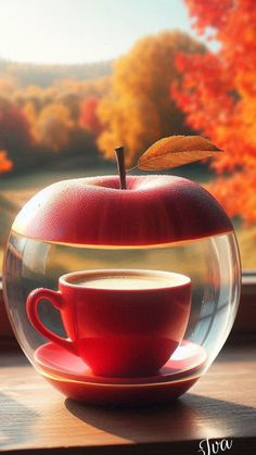 an apple in a fish bowl with a cup of coffee