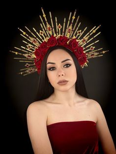 Sugar Skull Crown, Sunburst Crown, Catrina Costume, Skull Crown, Goddess Crown, Headpiece Diy, Rose Crown, Crown Gold, Halo Crown