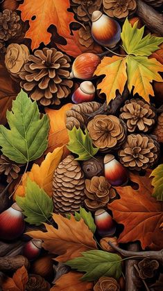 an oil painting of autumn leaves, acorns and pine cones