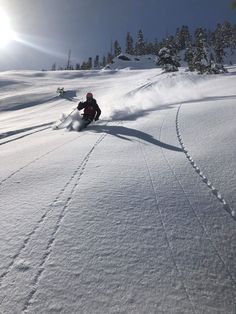 a person riding skis down a snow covered slope with trees in the back ground