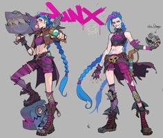 two female characters in different poses, one with blue hair and the other with pink hair