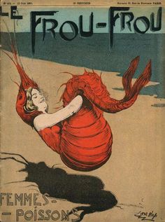 an old magazine cover with a woman laying on the beach in a red dress and long hair