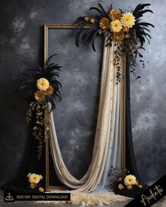 an artistic photo frame decorated with flowers and feathers