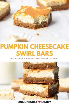 pumpkin cheesecake swirl bars with cream cheese and greek yogurt are stacked on top of each other