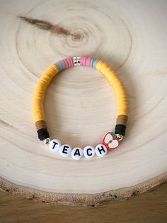 Teacher Bracelet Pencil Bracelet Stackable Bracelet Teacher - Etsy Teacher Bead Bracelet, Teacher Clay Bracelet, Teach Clay Bead Bracelet, Teacher Heishi Bracelet, Thanksgiving Clay Bead Bracelets, Clay Bracelets Diy, Bracelet For Teacher, Pencil Bracelet, Bead Alphabet