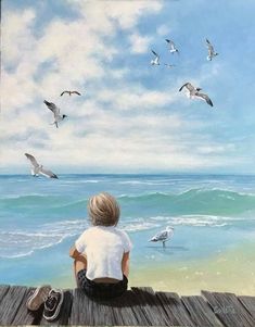 a painting of a boy sitting on a pier looking at birds flying over the ocean