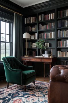 a living room filled with furniture and bookshelves next to a window covered in curtains