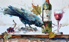 a watercolor painting of a bird and wine bottle on a table with grapes in front of it