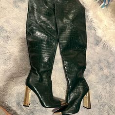 Worn Once Over The Knee Hunter Green Snake Skin Boot With Gold Heel-Women Size 39=8-8.5 Snake Skin Boots, Green Boots, Green Snake, Gold Heels, Hunter Green, Green Gold, Over The Knee Boots, Over The Knee, Snake Skin