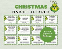 christmas flash cards with the words, finish the lyrics and an elf's head