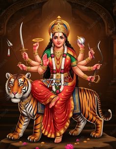 the hindu goddess sitting on top of a tiger with two swords in her hand and holding a