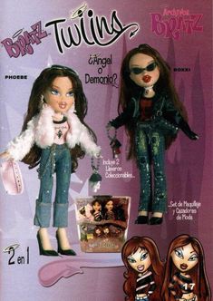 two dolls are shown in front of a purple background with the words barbie twins on it