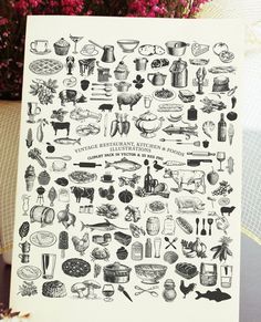 an old fashioned illustration of various types of food and drinks in black and white on a white background