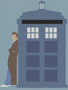 the doctor who is standing in front of a blue tardish cross stitch pattern