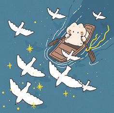 an image of a man in a row boat surrounded by white doves and stars