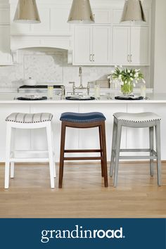 two stools sitting in front of a kitchen island