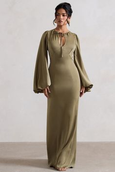 Wild Rose Olive Satin Puff-Sleeve Cut-Out Maxi Dress – Club L London - USA Sleek Hairstyle, Autumn Soft, Wife Aesthetic, Natural Essence, Soft Dramatic, Club L London, Voluminous Sleeves, Black Dress Prom, Black Tie Gala