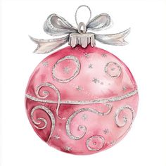 a pink christmas ornament with silver ribbon and bow on the top, painted in watercolor