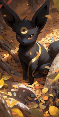 an animal that is sitting on the ground with leaves in front of it and looking at something