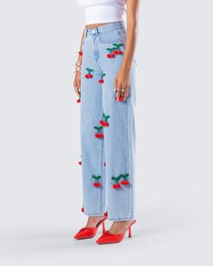 When you’re the cherry on top 😚 Made from denim fabric, these pants are complete with a high rise, wide leg, and 3D cherries for a cutesy and playful look 🍒 Quirky Fashion Accessories, Styling Red Top, Love Core Fashion, Cherries Outfit, Fun Pants Outfit, Bisexual Aesthetic Outfit, Cherry Outfit Ideas, Custom Clothes Ideas, Cherry Inspired Outfit