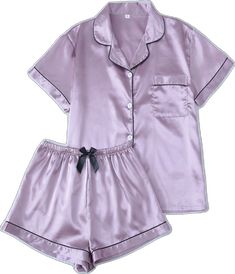 Pijama Satin, Purple Pajamas, Lapel Top, Bow Shorts, Purple Satin, Loungewear Women, Satin Pajamas, Pajama Set Women, Short Pajama Set