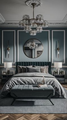 Bedroom Decor Ideas for Women Modern Classic Bedroom Design Luxury, Bedroom Ideas Grey Bed, Classic Bedroom Design Luxury, Luxurious Bedrooms Master Modern, Luxurious Bedrooms Master, Retro Design Ideas, Luxury Bookcase, 70s Bedroom, Bedroom Design Luxury