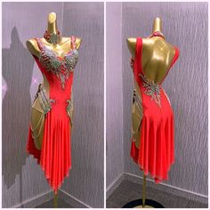 two mannequins dressed in red and gold with beading on their backs