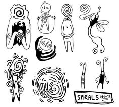 some drawings that have been drawn in black and white, including an image of people with different