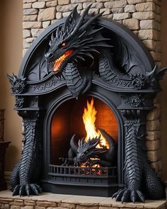 a fire place with a dragon statue next to it