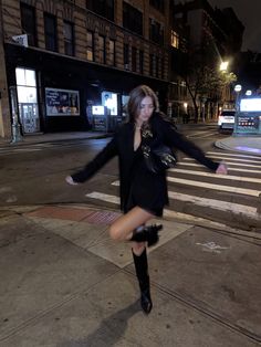 High Heels Boots Outfit Dress, Knee High Boots Night Out Outfit, Night Out Outfit Picture, Blazer Dress And Knee High Boots, Long Boots Night Outfit, Black Dress With Knee High Boots Outfits, Club Boots Outfit, Black Blazer Boots Outfit, Clubbing Outfits With Boots