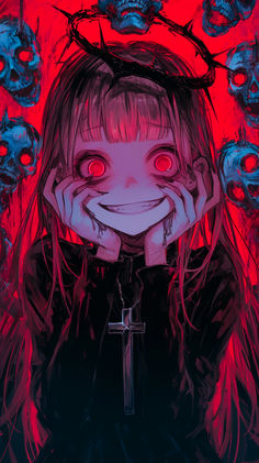 a creepy girl with red eyes holding her hands to her face