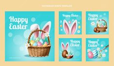 four easter cards with bunny ears and eggs in the basket, on a blue background