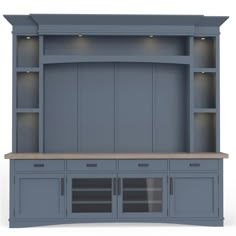 a blue entertainment center with shelves and cupboards on each side, in front of a white background