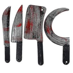 five knives are lined up next to each other with the word cut out in it