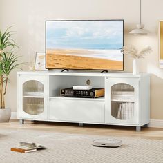 a flat screen tv sitting on top of a white entertainment center next to a potted plant