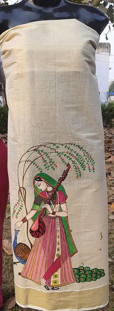 a large bag with an image of a woman holding a bird on it's back