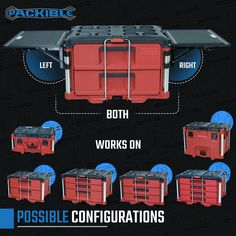 the back side of a red tool box with instructions on how to pack it up