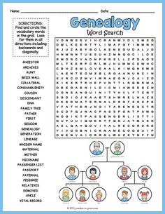 a blue and white poster with words that say,'genealogy word search '