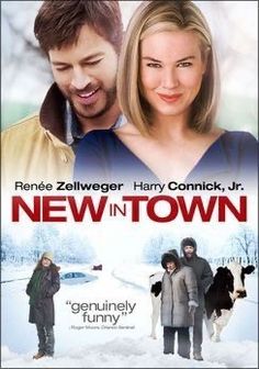 a movie poster for new in town with two people standing next to each other and one person looking at the camera