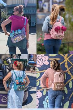 several pictures of different women with backpacks and purses on their backs, in front of a sign that says disney world