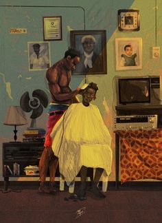 a painting of a barber cutting a woman's hair in front of a tv