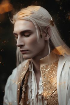 a man with long white hair wearing a gold vest and earrings, looking down at the ground