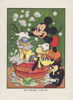 the mickey mouse and pluto cartoon character are in a bathtub with bubbles coming out of it