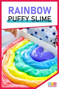 rainbow puffy slime in a box with text overlay reading rainbow puffy slime