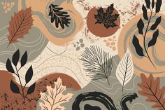 an abstract background with leaves and swirls in brown, beige, black and grey colors