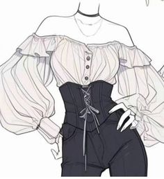 a drawing of a woman in black pants and a white shirt with ruffled sleeves